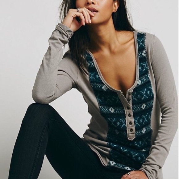 We The Free gray turquoise Fairisle Front Henley - Picture 4 of 4